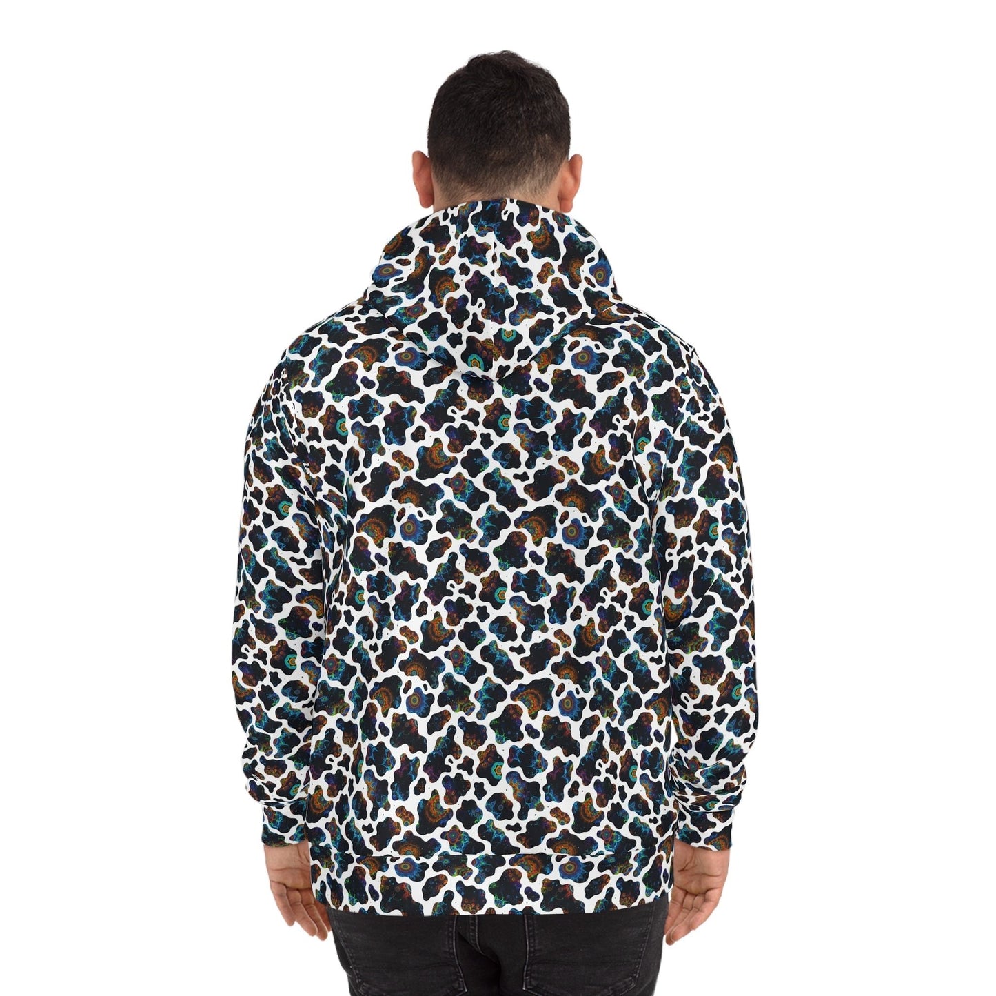 Neon Biomorphic Cow Print AOP Hoodie for Psychedelic Fashion Collectors — Bold Unisex Fractal Cosmic Pattern Pullover
