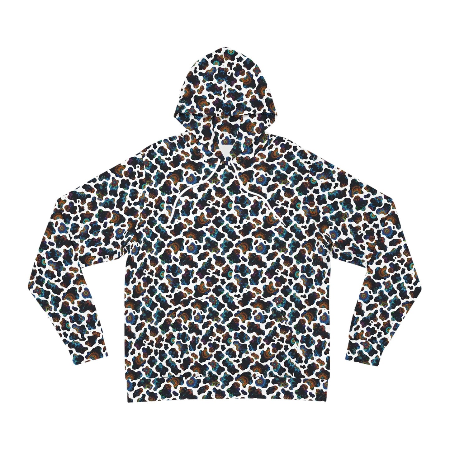 Neon Biomorphic Cow Print AOP Hoodie for Psychedelic Fashion Collectors — Bold Unisex Fractal Cosmic Pattern Pullover