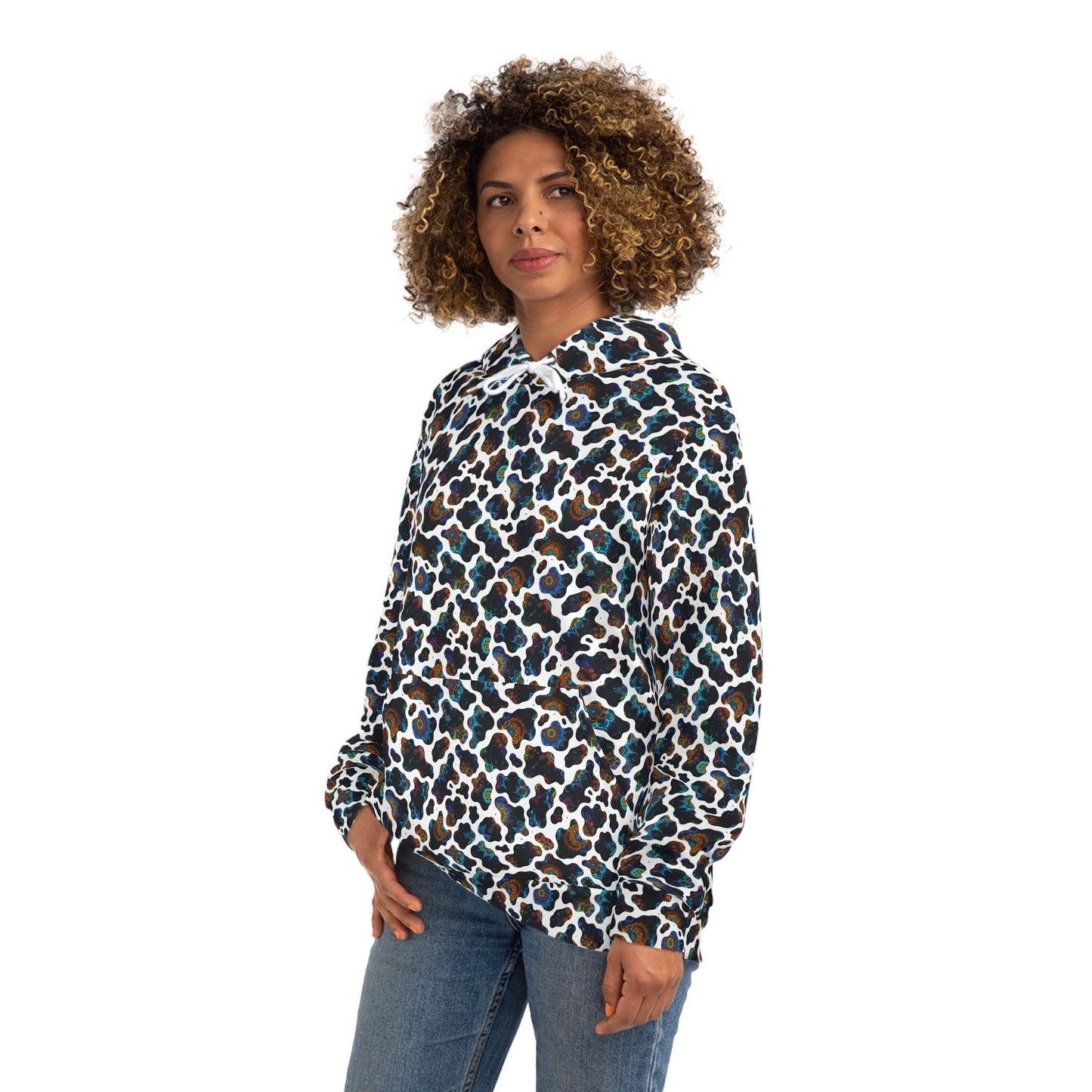 Neon Biomorphic Cow Print AOP Hoodie for Psychedelic Fashion Collectors — Bold Unisex Fractal Cosmic Pattern Pullover