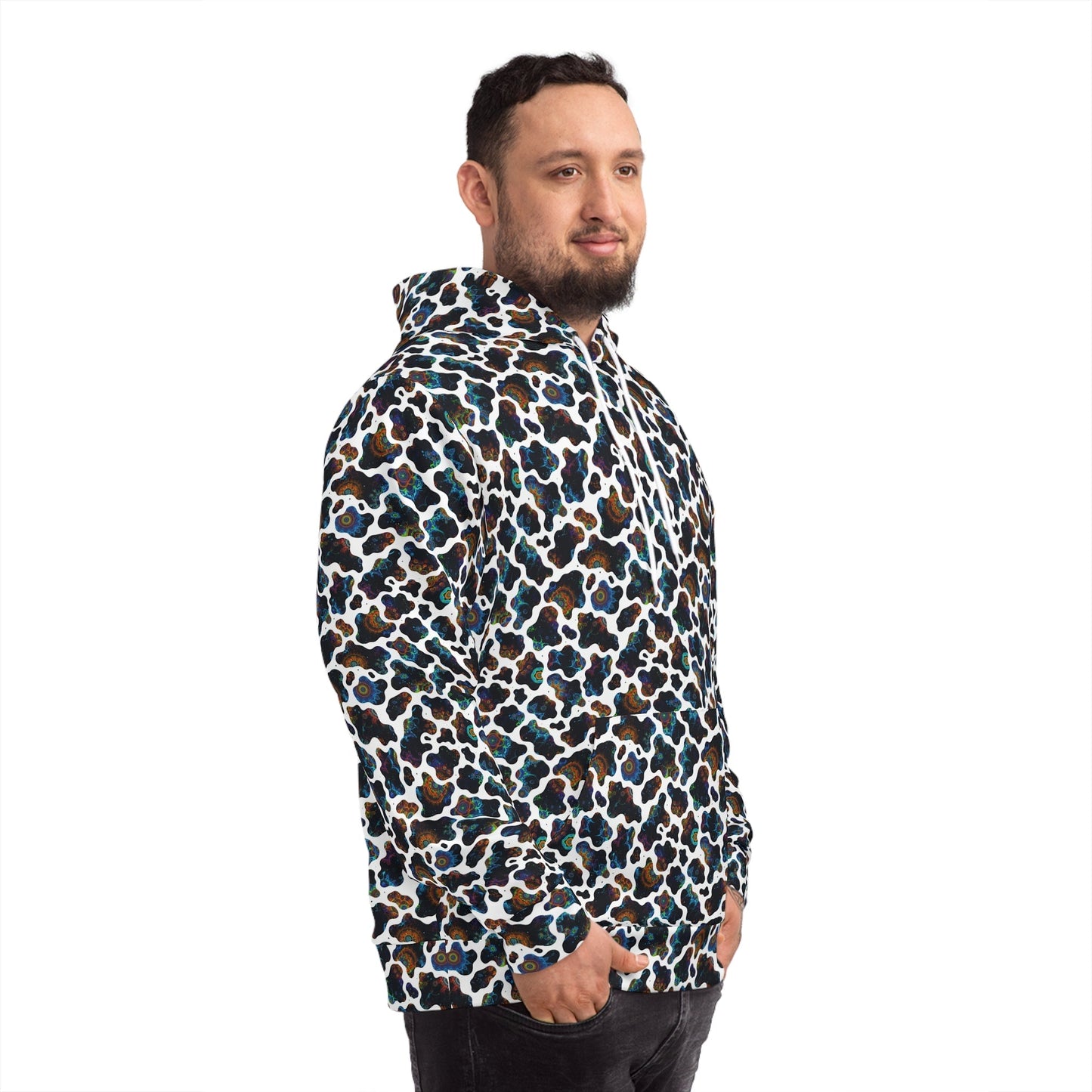 Neon Biomorphic Cow Print AOP Hoodie for Psychedelic Fashion Collectors — Bold Unisex Fractal Cosmic Pattern Pullover