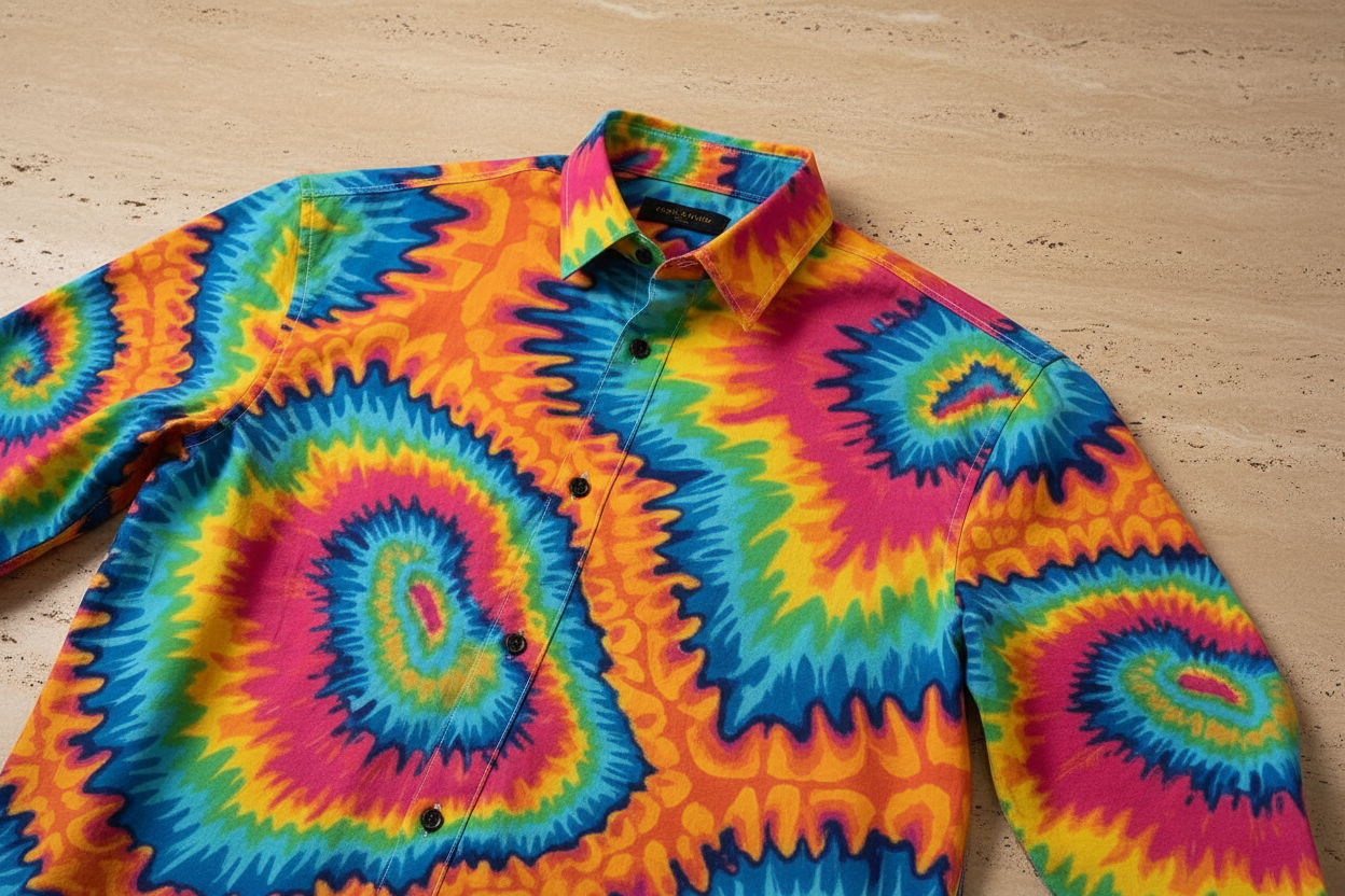 Psychedelic Rainbow Spiral Button-Up Shirt — Neon Tie-Dye AOP Long Sleeve