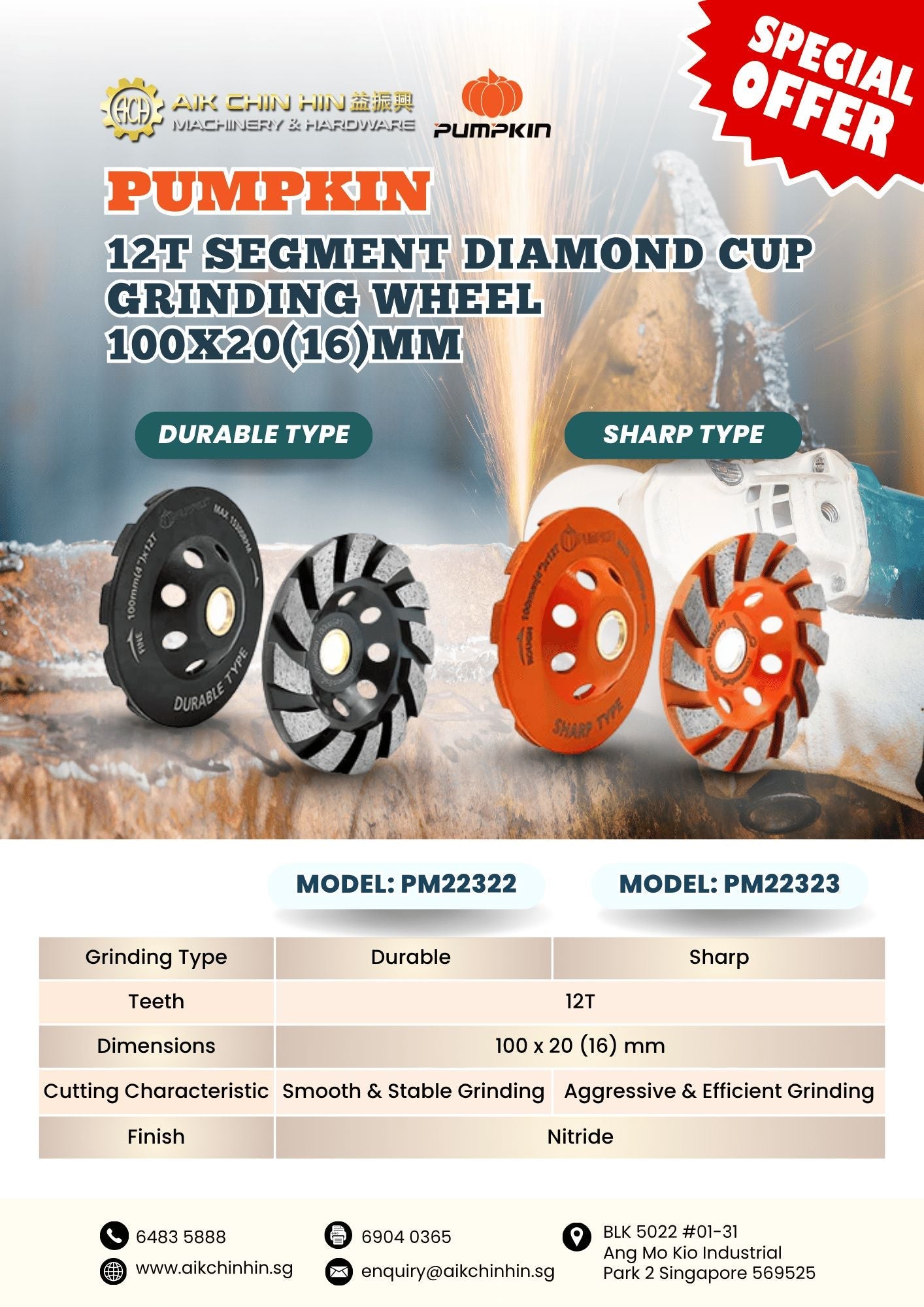 Pumpkin 12t Sharp Type Segment Diamond Cup Grinding Wheel 100x20(16)mm  | Model: PM22323