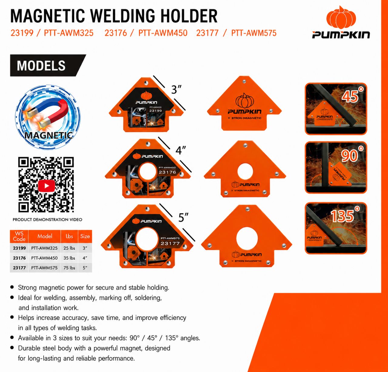 Pumpkin Arrow Shape 3 Angle Magnetic Welding Holder 3"/ 4"/ 5"