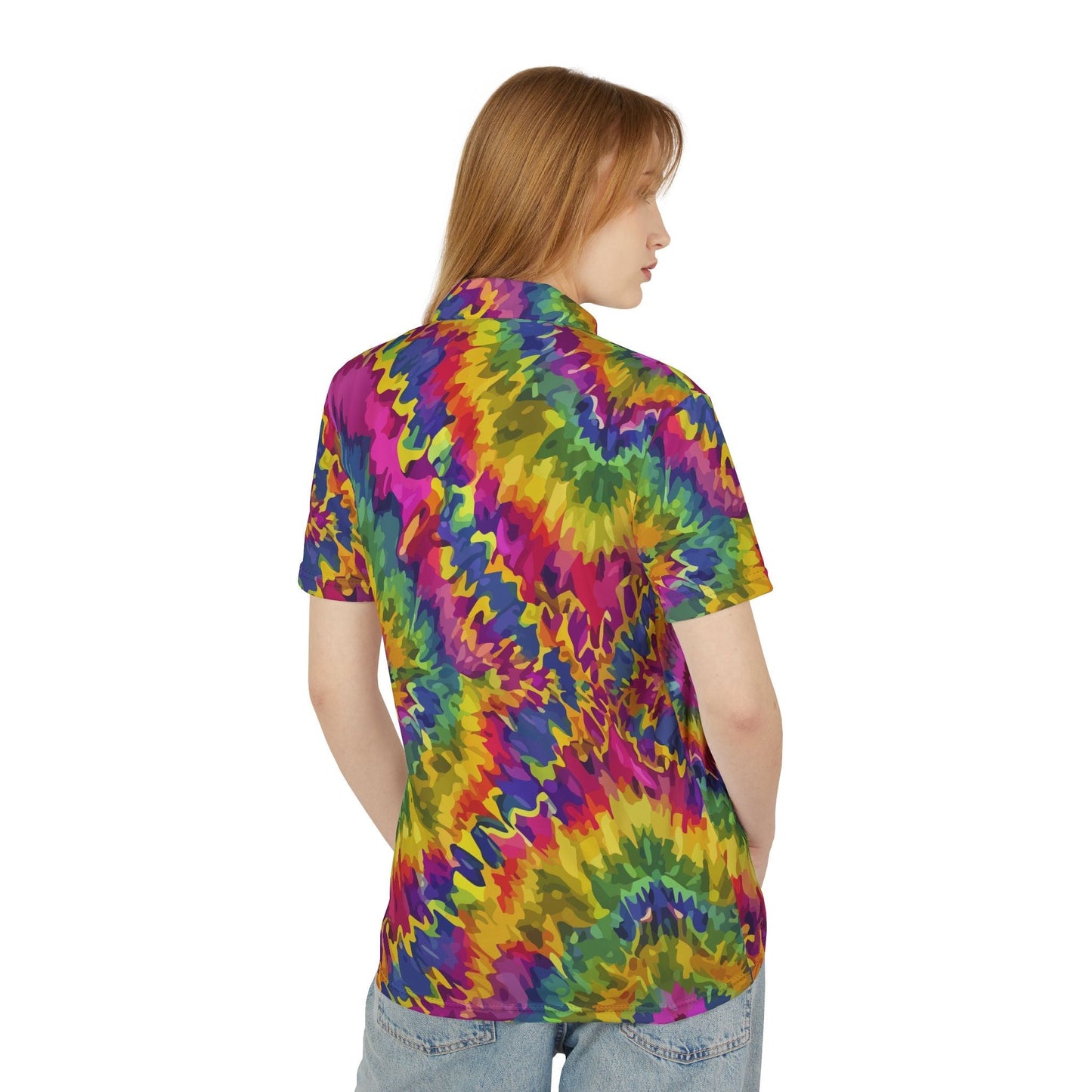 Rainbow Burst Tie-Dye Polo — Vivid Spiral AOP Collared Shirt for Loud Casual Fridays