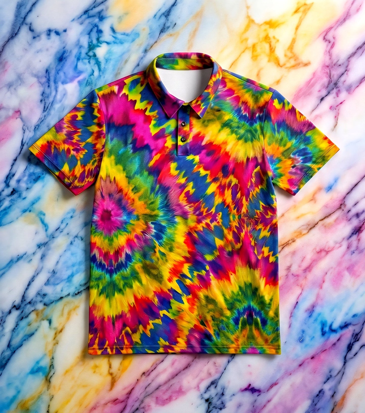 Rainbow Burst Tie-Dye Polo — Vivid Spiral AOP Collared Shirt for Loud Casual Fridays