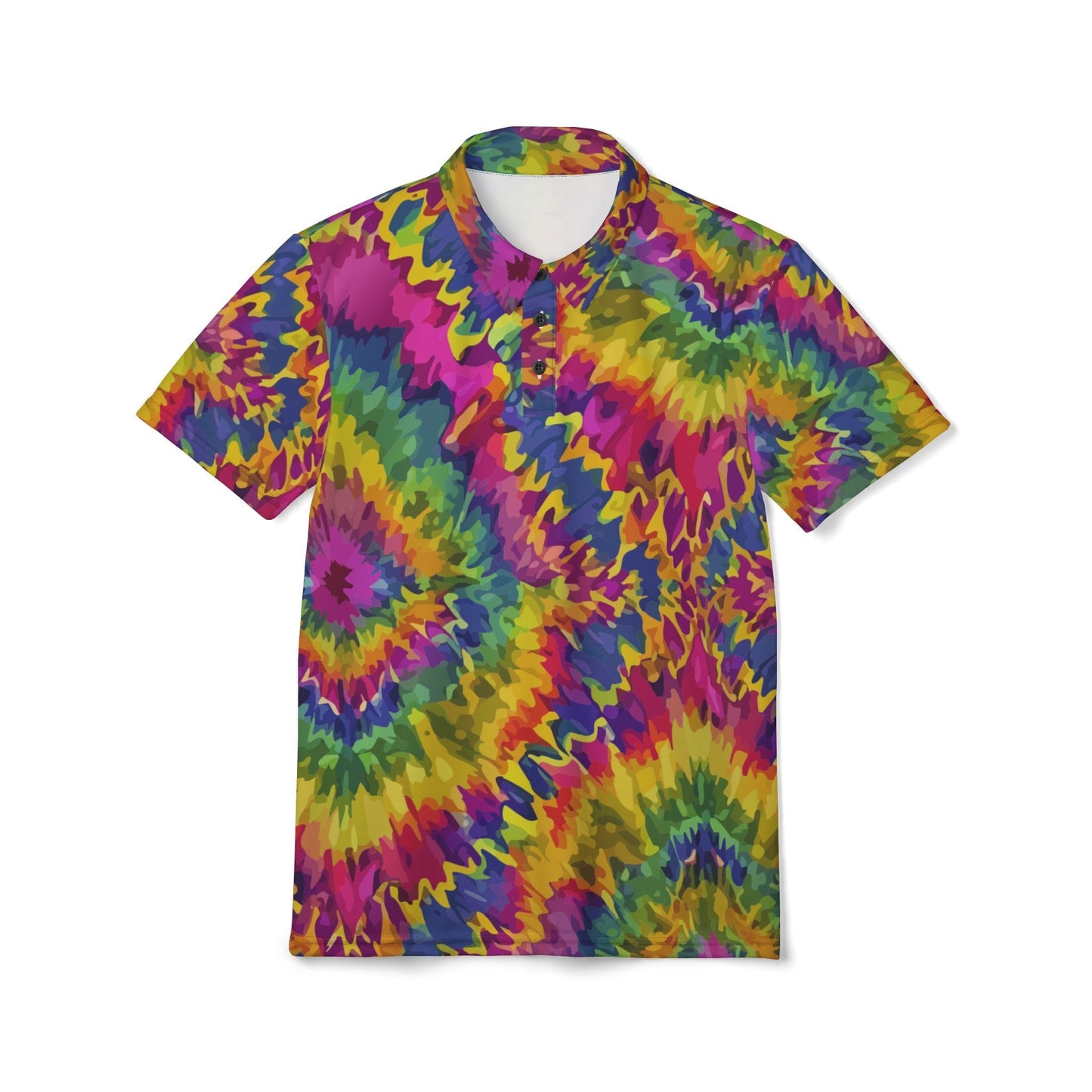 Rainbow Burst Tie-Dye Polo — Vivid Spiral AOP Collared Shirt for Loud Casual Fridays