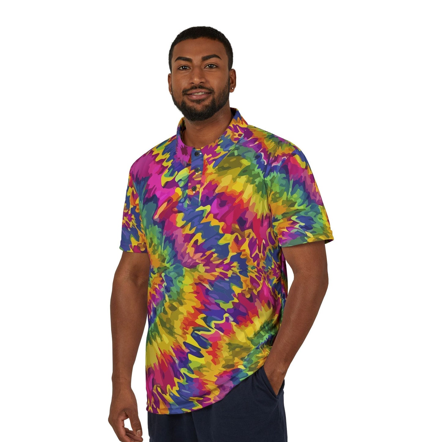 Rainbow Burst Tie-Dye Polo — Vivid Spiral AOP Collared Shirt for Loud Casual Fridays