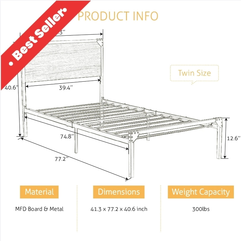 Metal Platform Bed Frame with Wood Headboard, Space Saving, No Box Spring Needed, Noise Free