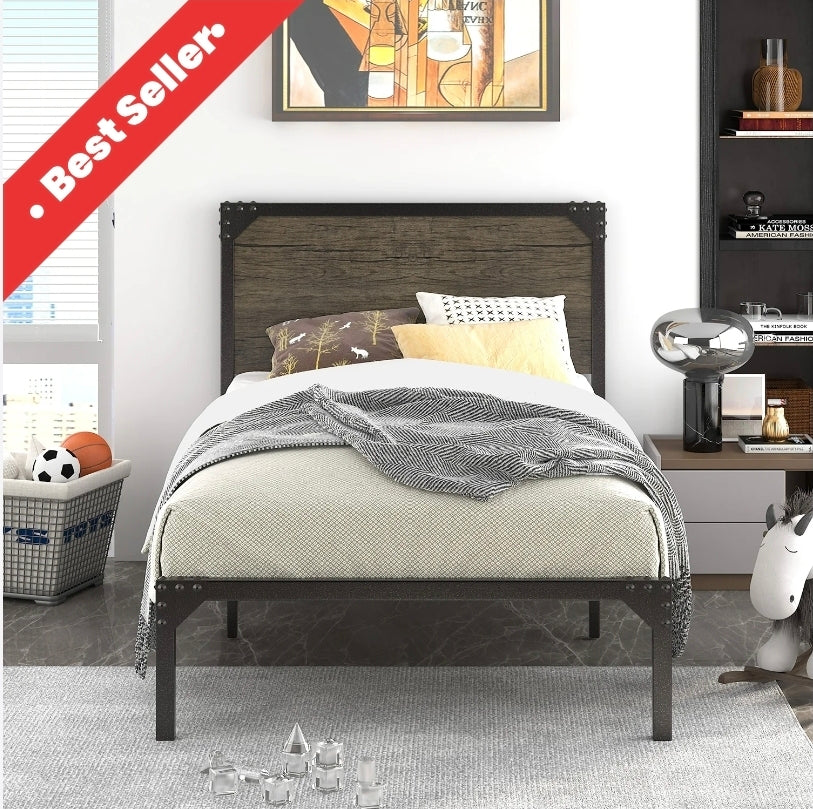 Metal Platform Bed Frame with Wood Headboard, Space Saving, No Box Spring Needed, Noise Free