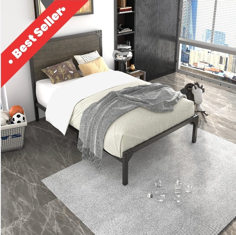 Metal Platform Bed Frame with Wood Headboard, Space Saving, No Box Spring Needed, Noise Free