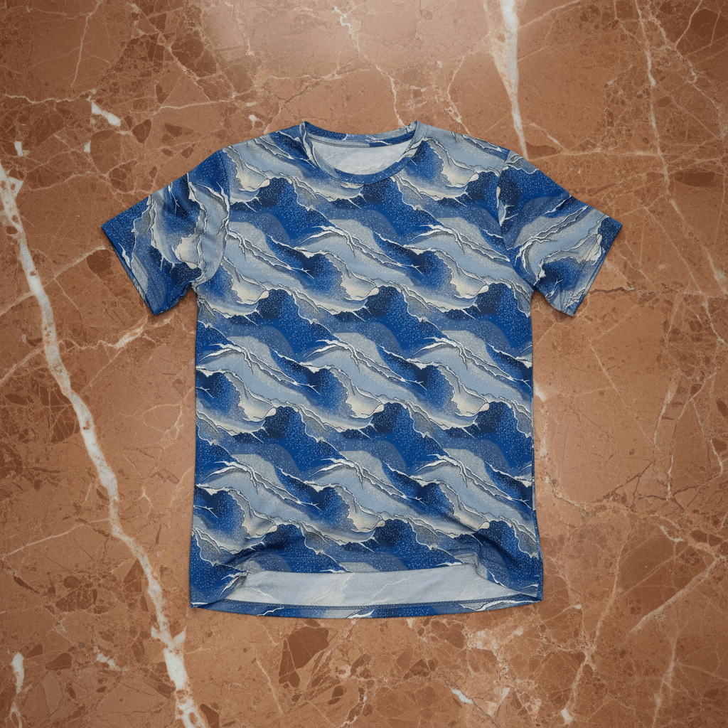 Seigaiha Wave AOP T-Shirt | Blue Geometric Pattern 140g