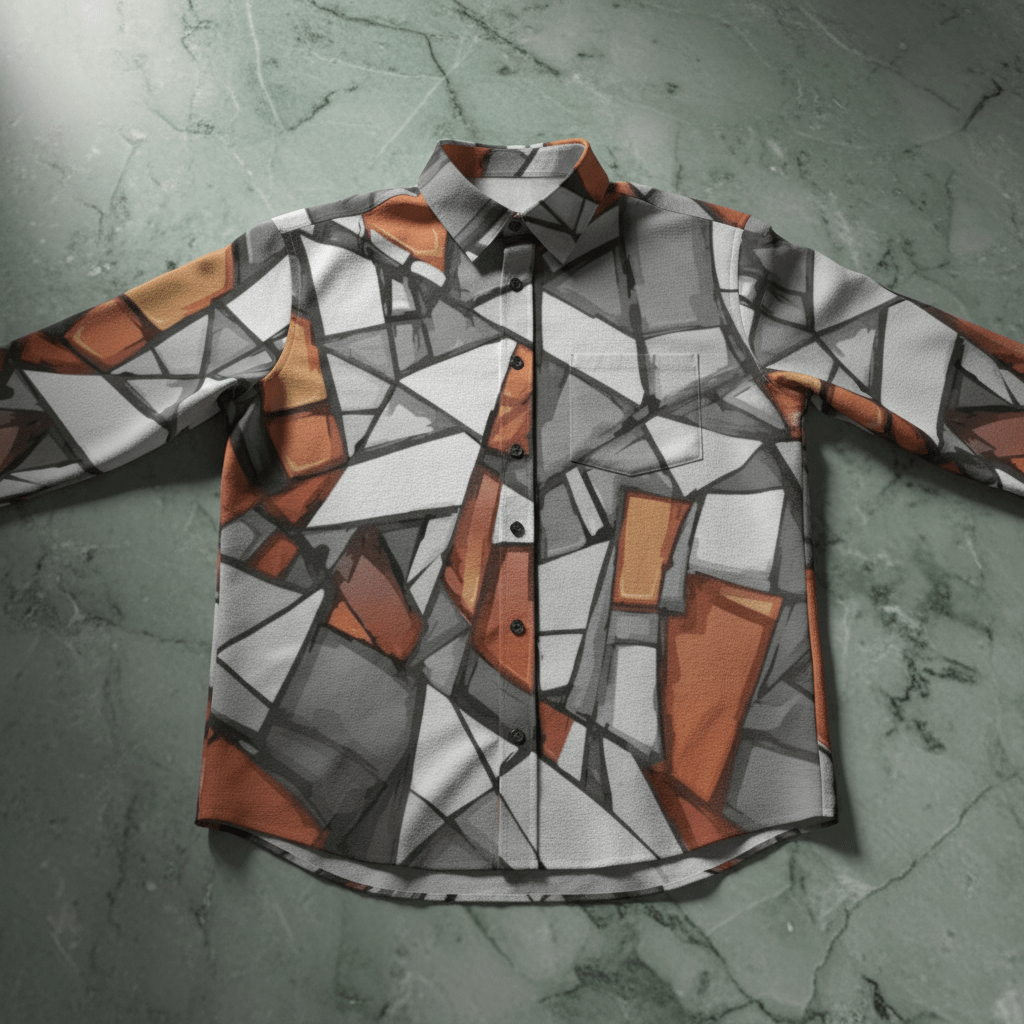 Shattered Mosaic Faux Linen Shirt — Stone & Amber Stained-Glass AOP Long Sleeve with Pocket