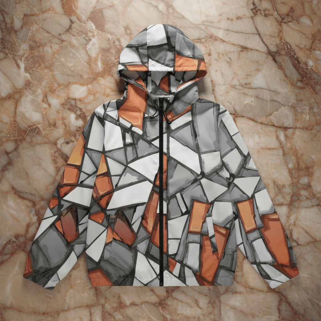 Shattered Mosaic Hooded Trench Coat — Stone & Amber Stained-Glass AOP Short Rain Layer for Urban Rebels