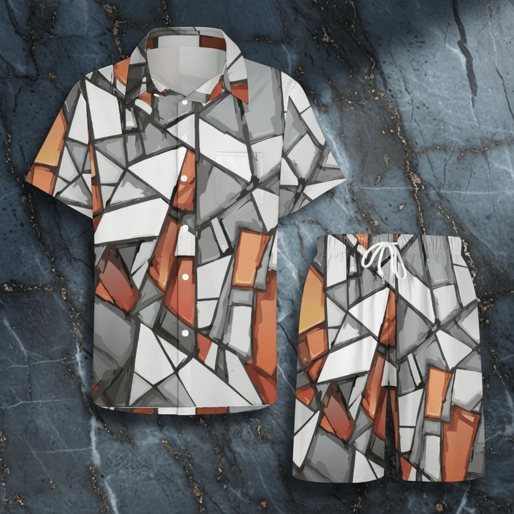 Shattered Mosaic Shirt & Shorts Set — Stone & Amber Fragment AOP Matching Two-Piece Summer Fit