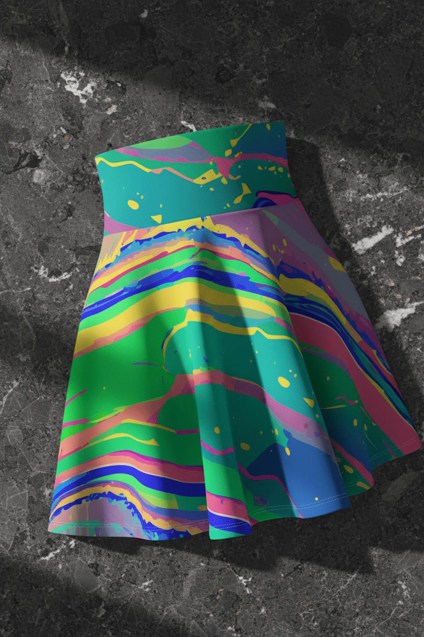 Skater Skirt – Mermaid Gems Radiant Aqua Neon Splash Iridescent Rave Mini Skirt