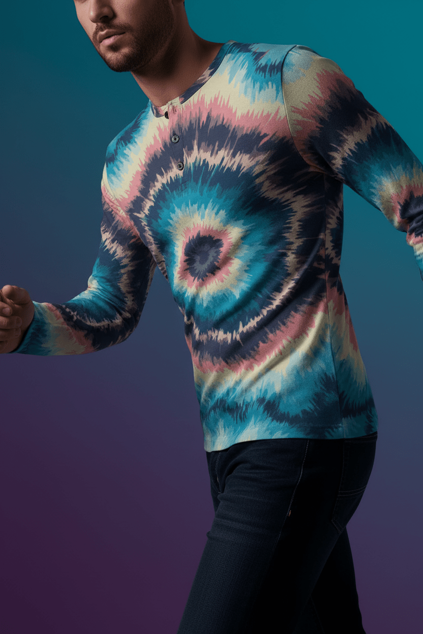 Spiral Tie-Dye Henley — Psychedelic AOP Festival Shirt