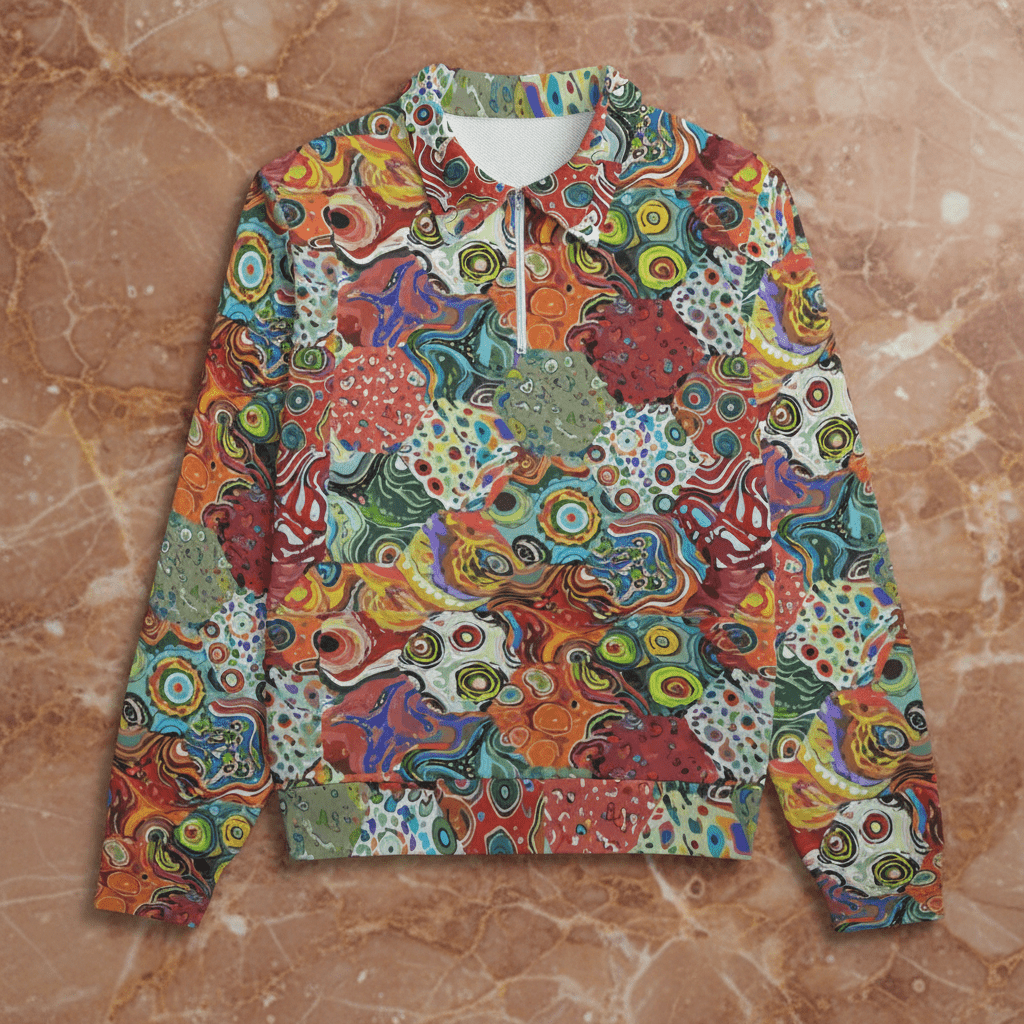 Retro Bloom Doodle Half-Zip Collar Sweatshirt — Dense 70s Floral AOP Statement Top for Maximalist Dressers