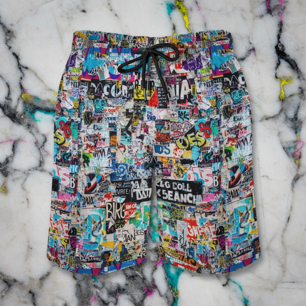 Sticker Bomb Board Shorts — Street Collage AOP Swim Trunks for Loud Beach Days