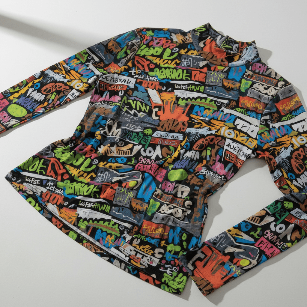 Street Syntax | All-Over Print Graffiti Turtleneck Top – Neon Maximalist Long Sleeve