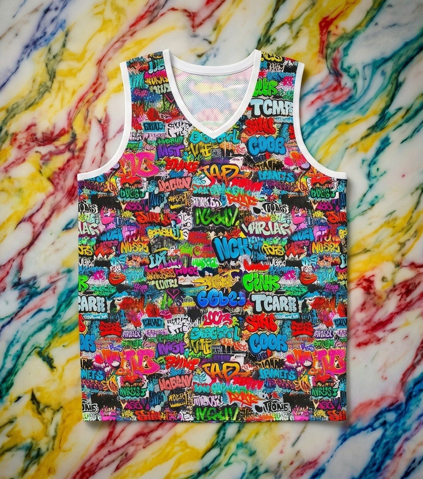 StreetsmART Tag Wall AOP Basketball Jersey | All-Over Graffiti Print Athletic Tank, Sublimation Street-Art Streetwear, Assembled in USA (S–2XL)