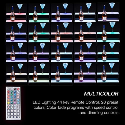 SUNCOO LED Lighted Liquor Bottle Display 16 Inch 2 Step Illuminated Bar Bottle Shelf 2 Tier Cimmercial Home Bar Bottle Display Drinks Lighting Shelves Home Bar Lighting with Remote Control