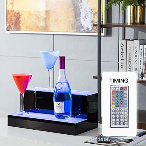 SUNCOO LED Lighted Liquor Bottle Display 16 Inch 2 Step Illuminated Bar Bottle Shelf 2 Tier Cimmercial Home Bar Bottle Display Drinks Lighting Shelves Home Bar Lighting with Remote Control