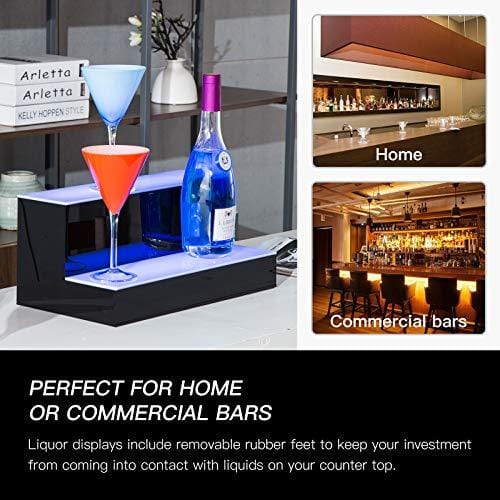 Advanced Mixology LED Lighted Liquor Bottle Display 16 Inch 2 Step Illuminated Bar Bottle Shelf 2 Tier Cimmercial Home Bar Bottle Display Drinks Lighting Shelves Home Bar Lighting with Remote Control