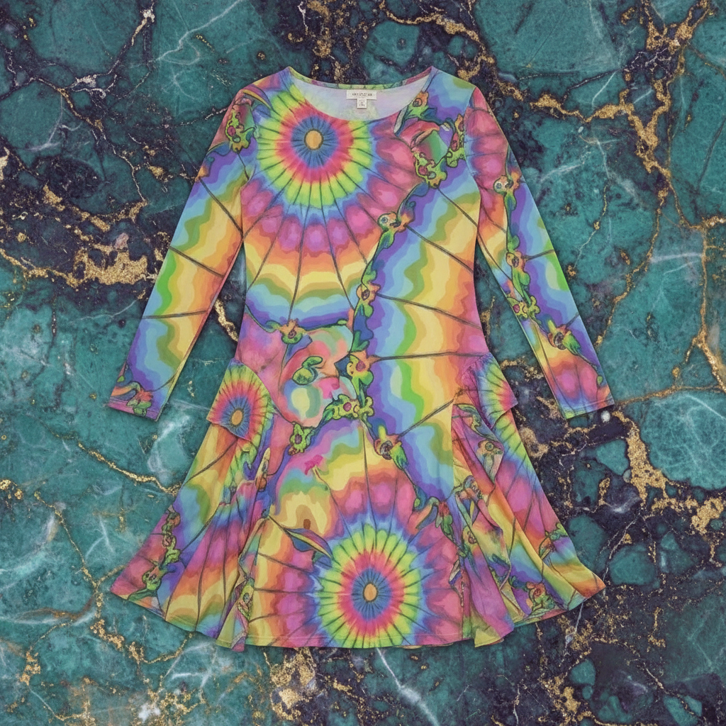 Tie-Dye Cotton Midi Dress - Radial Pastel Long Sleeve Boho Gown