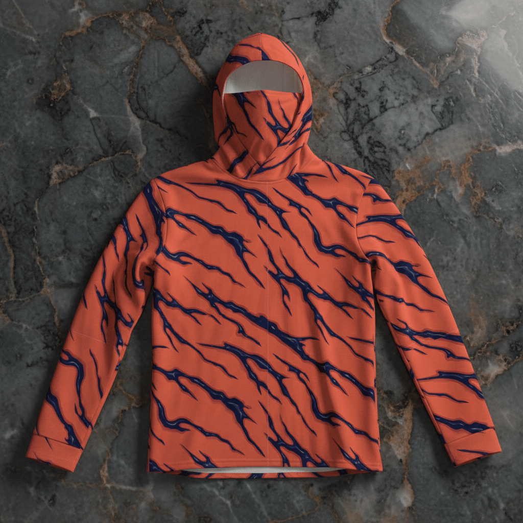 Tiger Stripe Sun Hoodie with Face Cover — Burnt Orange AOP UPF Performance Pullover with Thumb-Hole Sleeves