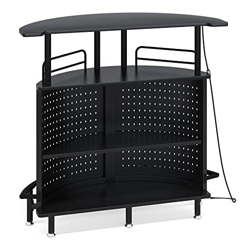 Tribesigns Smart Bar Unit with Led Lights, 3-Tier Liquor Bar Table with Wine Glasses Holder and Storage Shelves, Wine Bar Cabinet with Metal Mesh & Footrest Mini Bar Buffet Sideboard for Home Kitchen