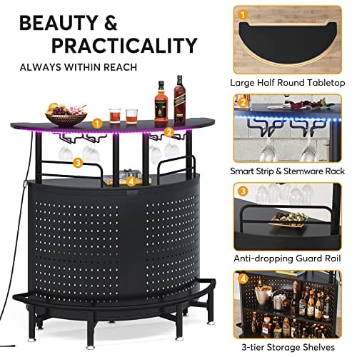 Tribesigns Smart Bar Unit with Led Lights, 3-Tier Liquor Bar Table with Wine Glasses Holder and Storage Shelves, Wine Bar Cabinet with Metal Mesh & Footrest Mini Bar Buffet Sideboard for Home Kitchen