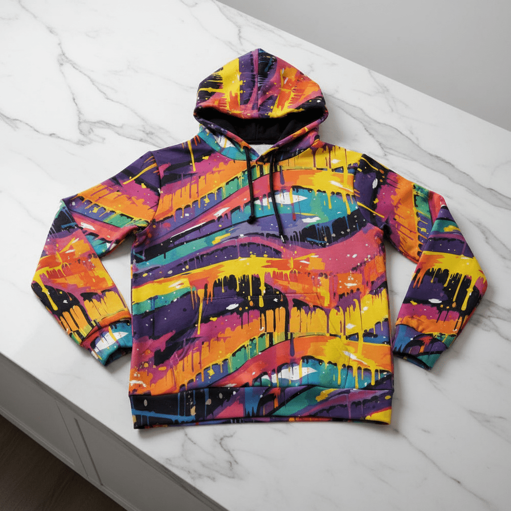 Trippy Abstract AOP Hoodie — Neon Pink & Obsidian 310GSM Cotton Pullover