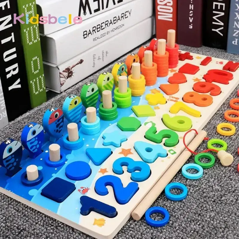 Kids Montessori Number Shape Matching Puzzle - Educational Wooden Fishing Sorter Game for Toddlers