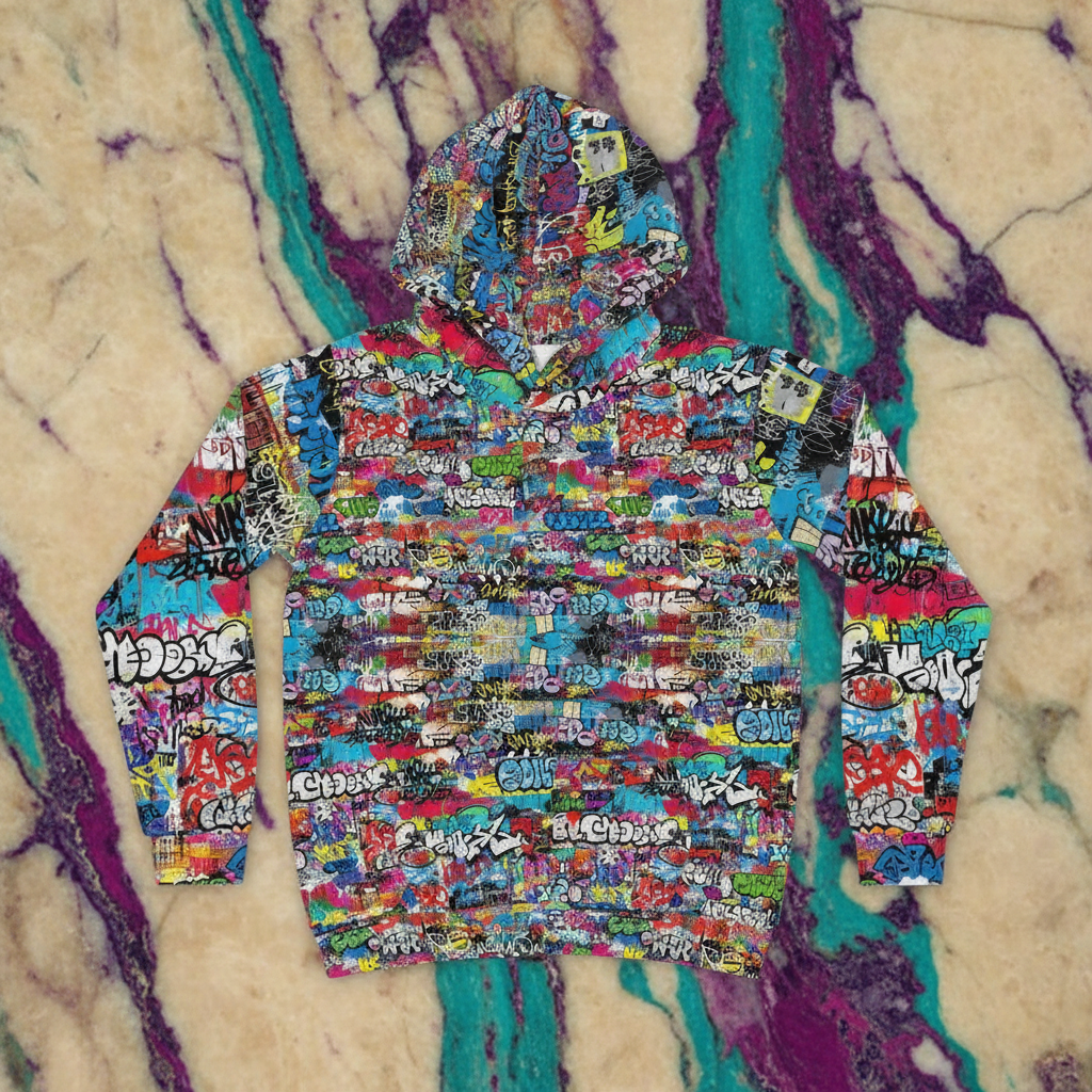 Urban Legend Kids Graffiti Hoodie | Bold AOP Street Art Pullover for Creative Children & Miniature Maximalists