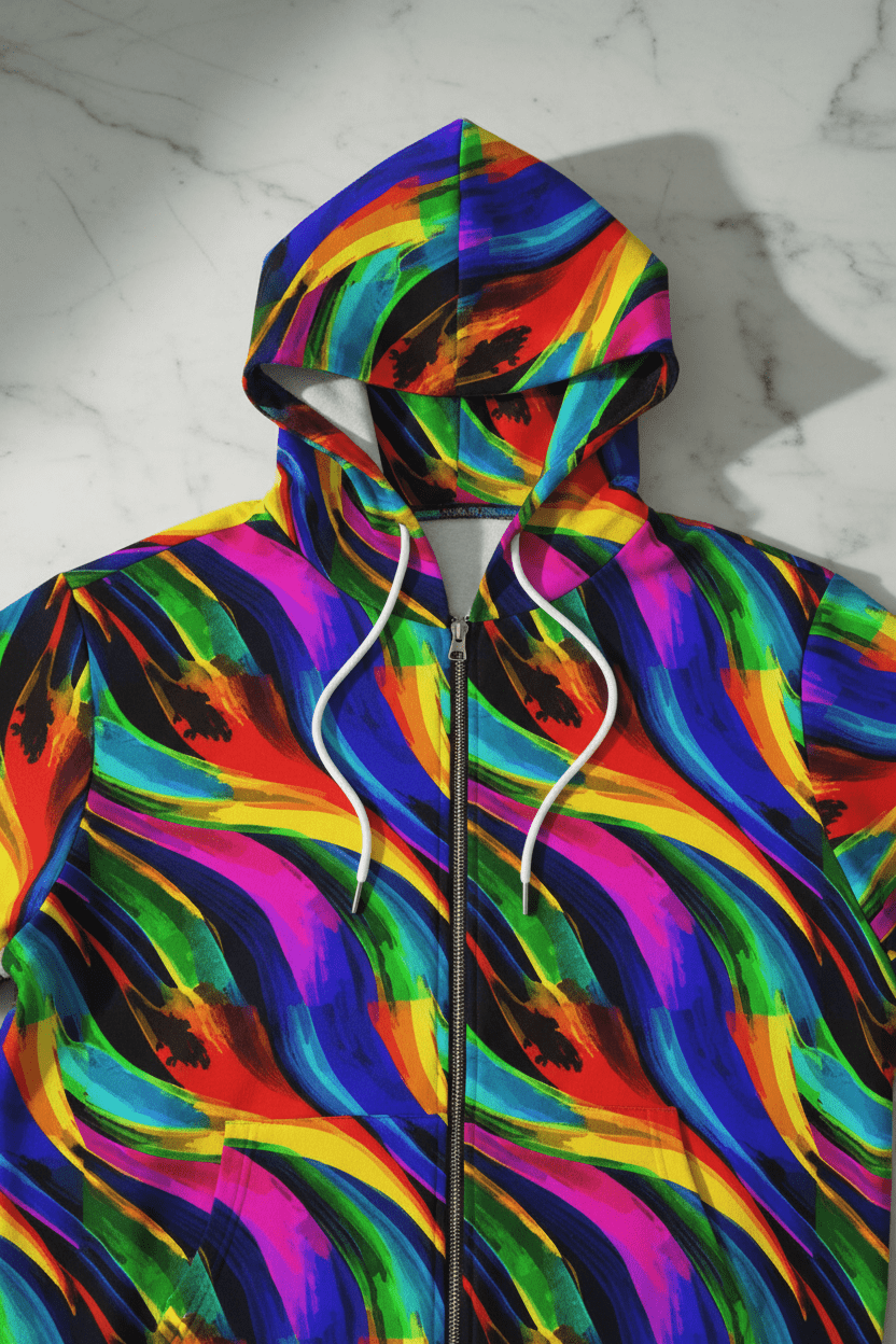 Vibrant Abstract AOP Full-Zip Hoodie – Gold Zipper, Black & White