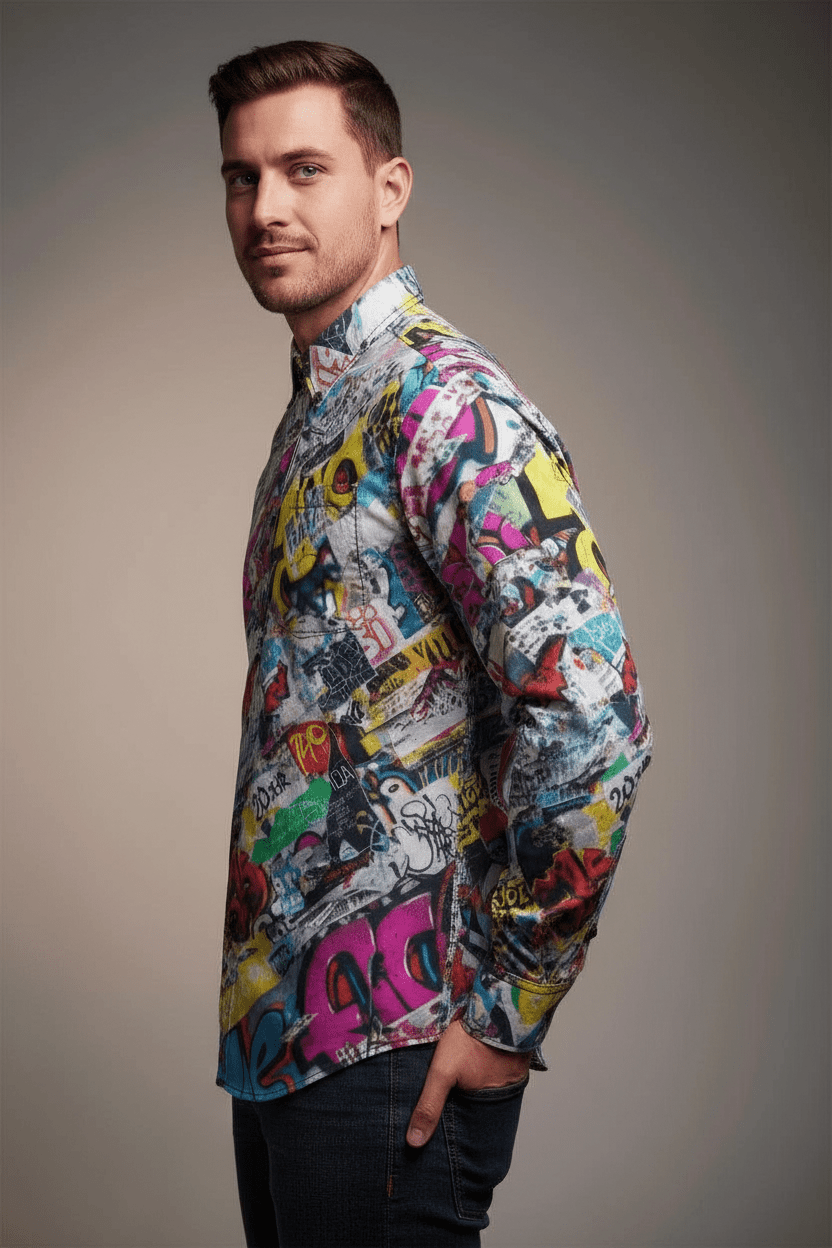 Vibrant Vigilante AOP Men's Slub Cotton Dress Shirt | 125gsm Antibacterial Maximalist Button-Down for Wine Country