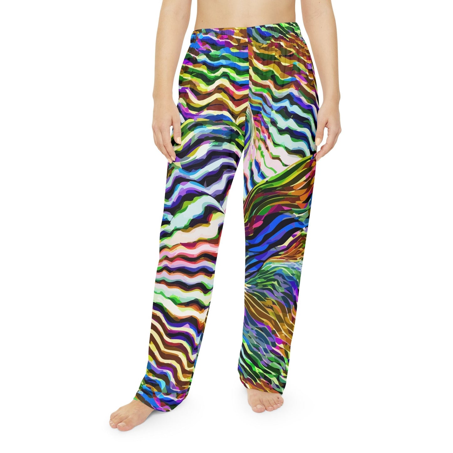 Wavy Stripe Pajama Pants for Vibrant Sleepwear Collectors — Jewel-Tone AOP Brushed Polyester, Elastic Waist Cozy Lounge, Women's Assembled in USA