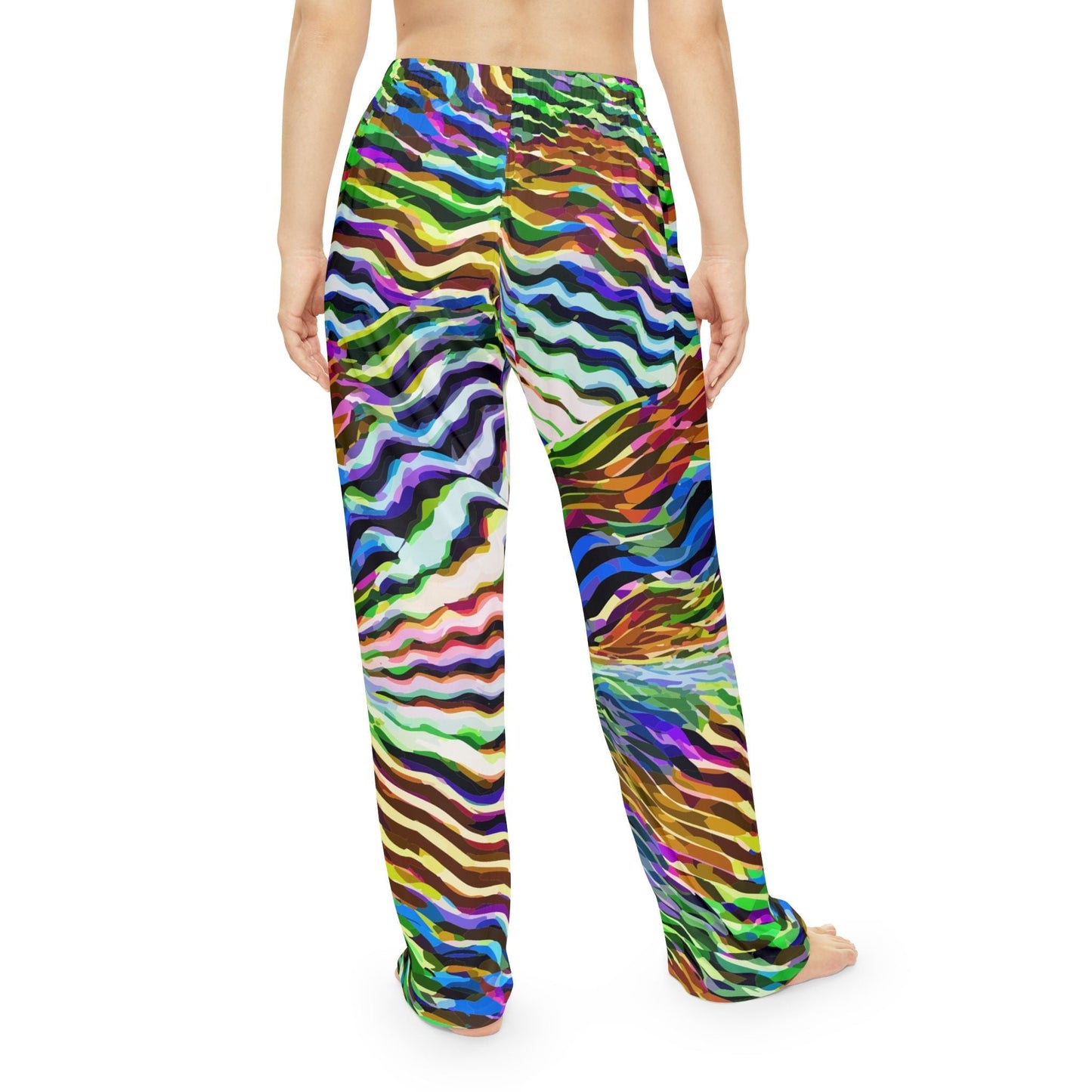 Wavy Stripe Pajama Pants for Vibrant Sleepwear Collectors — Jewel-Tone AOP Brushed Polyester, Elastic Waist Cozy Lounge, Women's Assembled in USA