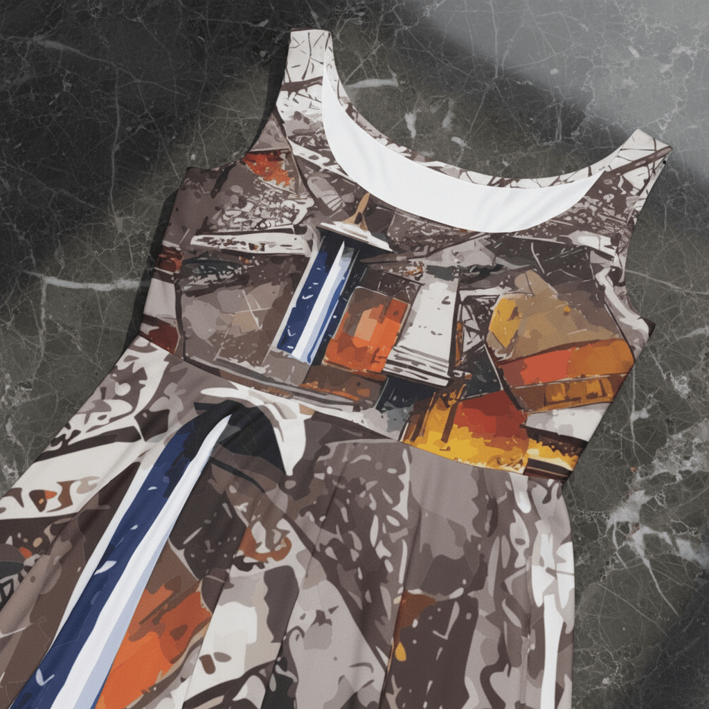 Torn Poster Street Collage Skater Dress — Black, White & Orange Mixed-Media AOP Flared Party Dress