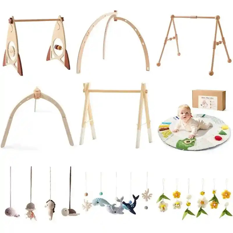 Wooden Baby Play Gym with Music Activity Mat for 0-12 Months - Sensory Development Toys with Mobile Bells for Limb Exercises