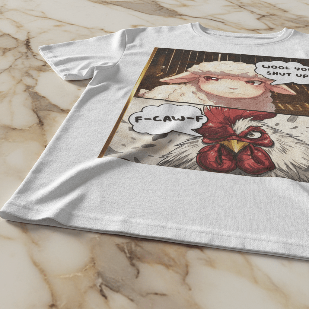 Wool You F-Caw-F | Anime Meme Graphic Tee — Chaotic Barnyard Humor T-Shirt for Internet Culture