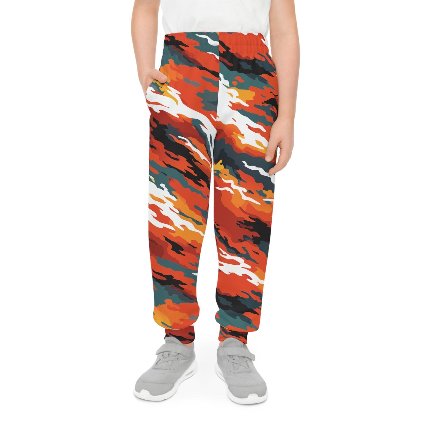 Youth Camo Joggers — Bold Orange All-Over Print Sweatpants for Kids